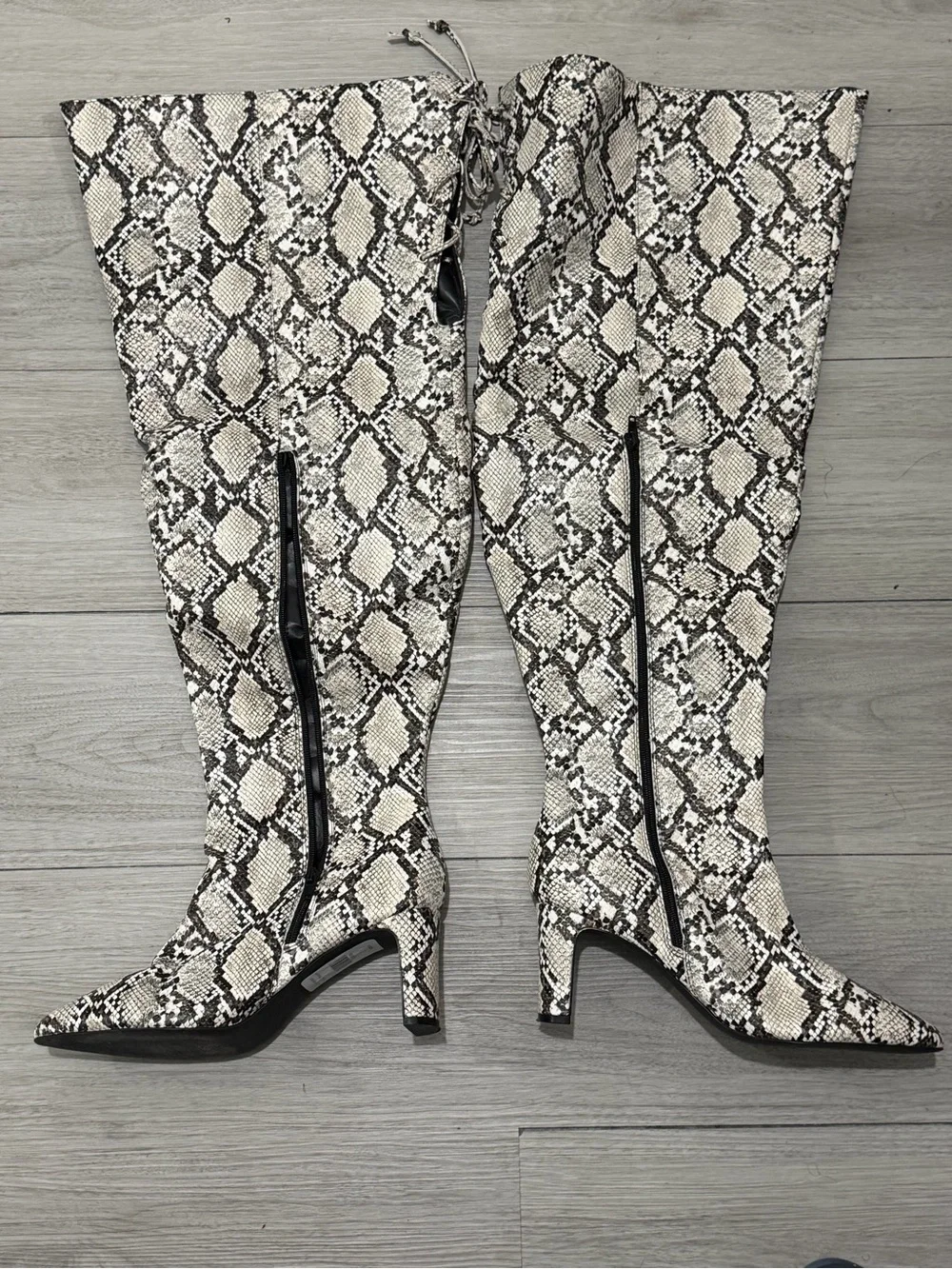 Fashion to Figure Over-the-Knee Snake-Print Boots in Cream and Brown